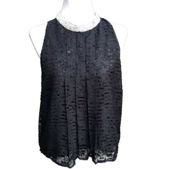 Sachin Babi x Anthropologie Black Lace Pearl Bead Mock Neck Hi-Low Swing Top  8 - Picture 1 of 9